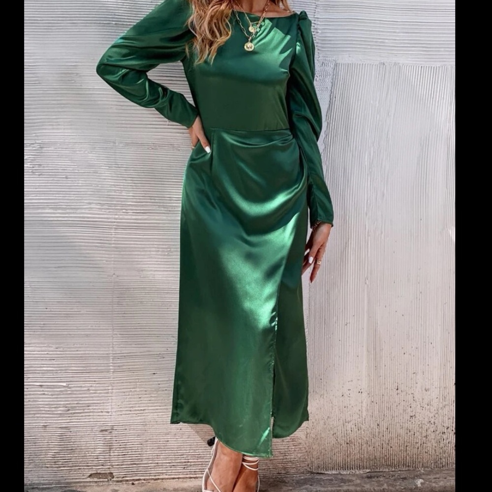 Puff Sleeve Satin Emerald Green Midi Dress